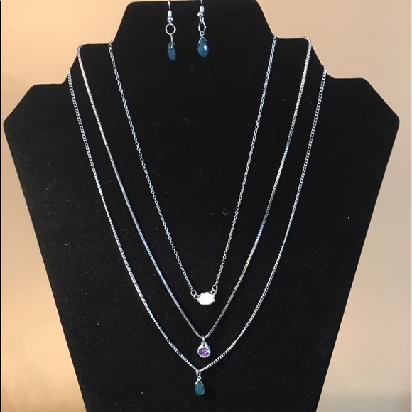 Tri-tier multicolored silver necklace/earring set - Picture 4 of 4